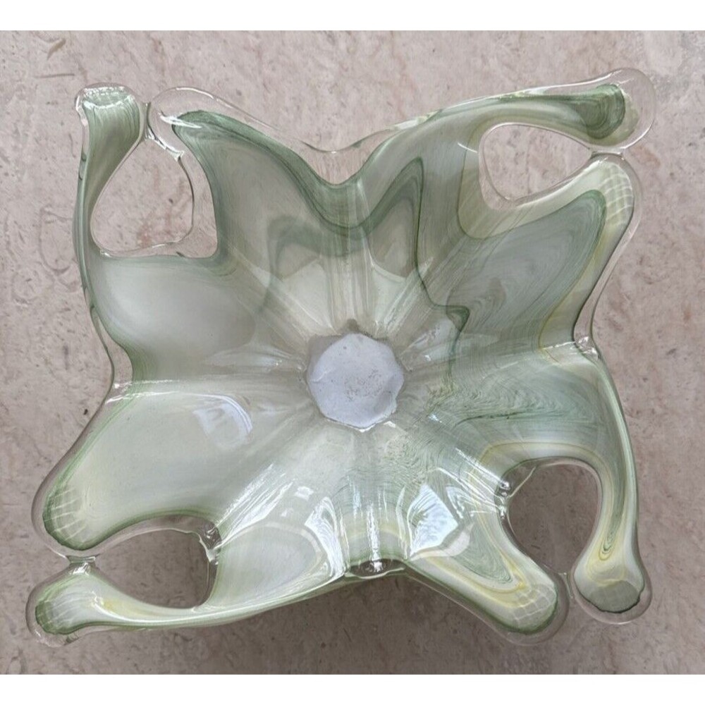 Vintage Art Glass Blown Bowl Green White Flower Bloom Murano style Irridescent